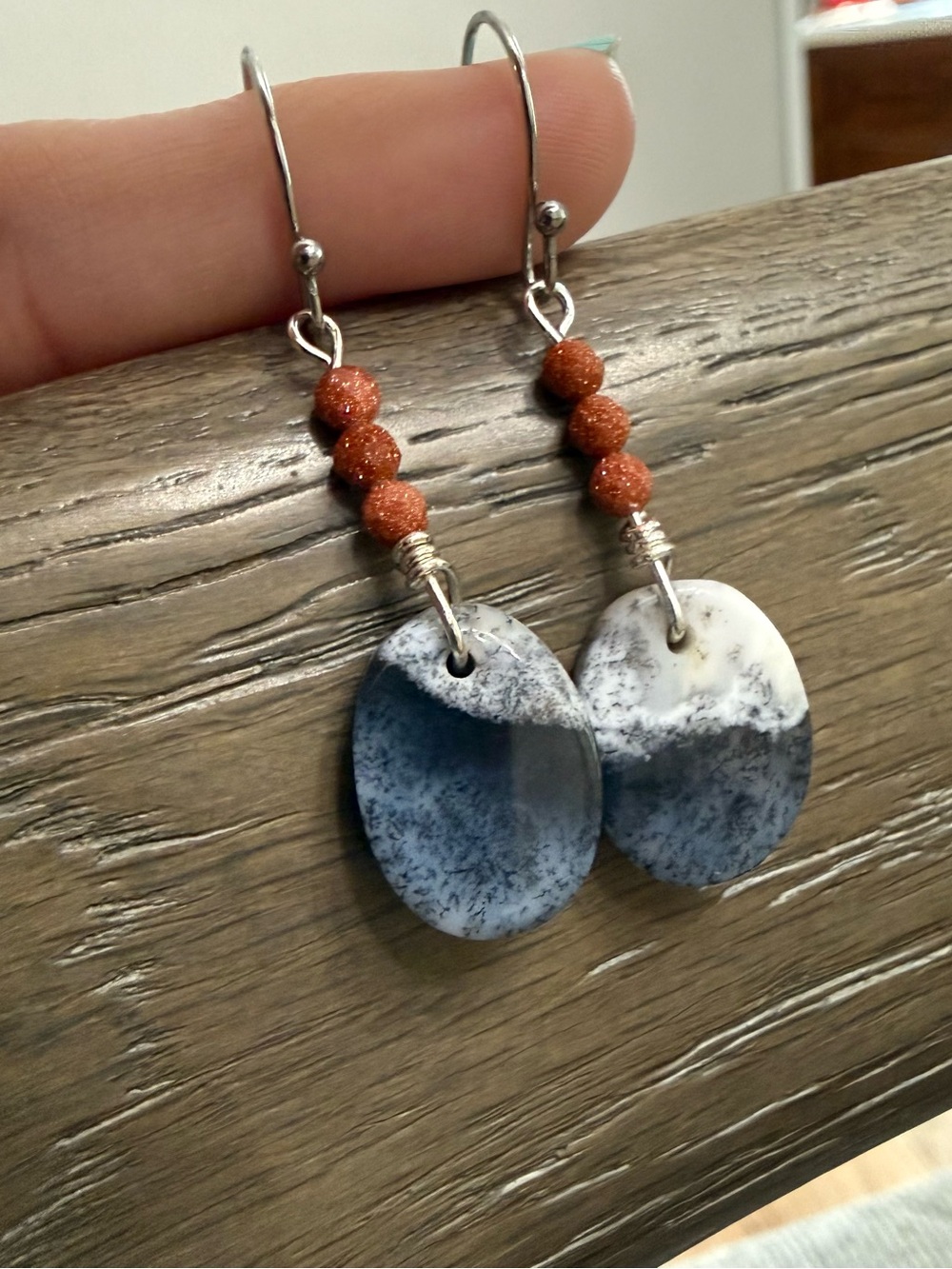 Handcrafted Dendritic Opal Drop Earrings with Sandstone Faceted Beads